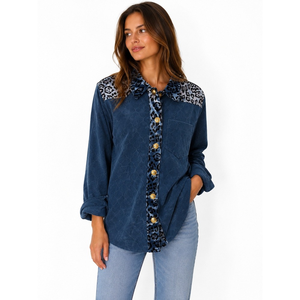 Umgee Blue Quilted Corduroy Leopard Velvet Trim Button Down Shirt Jacket Large